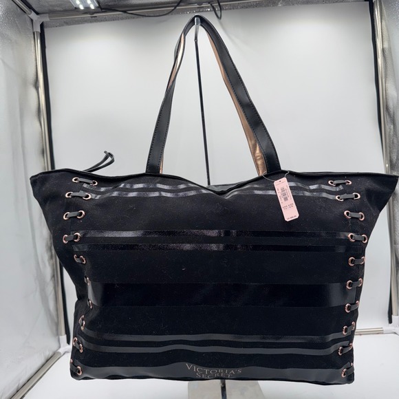 Victoria's Secret Handbags - Victorias Secret Black Striped Lace Up Canvas Tote Bag Rose Gold Grommets NWT